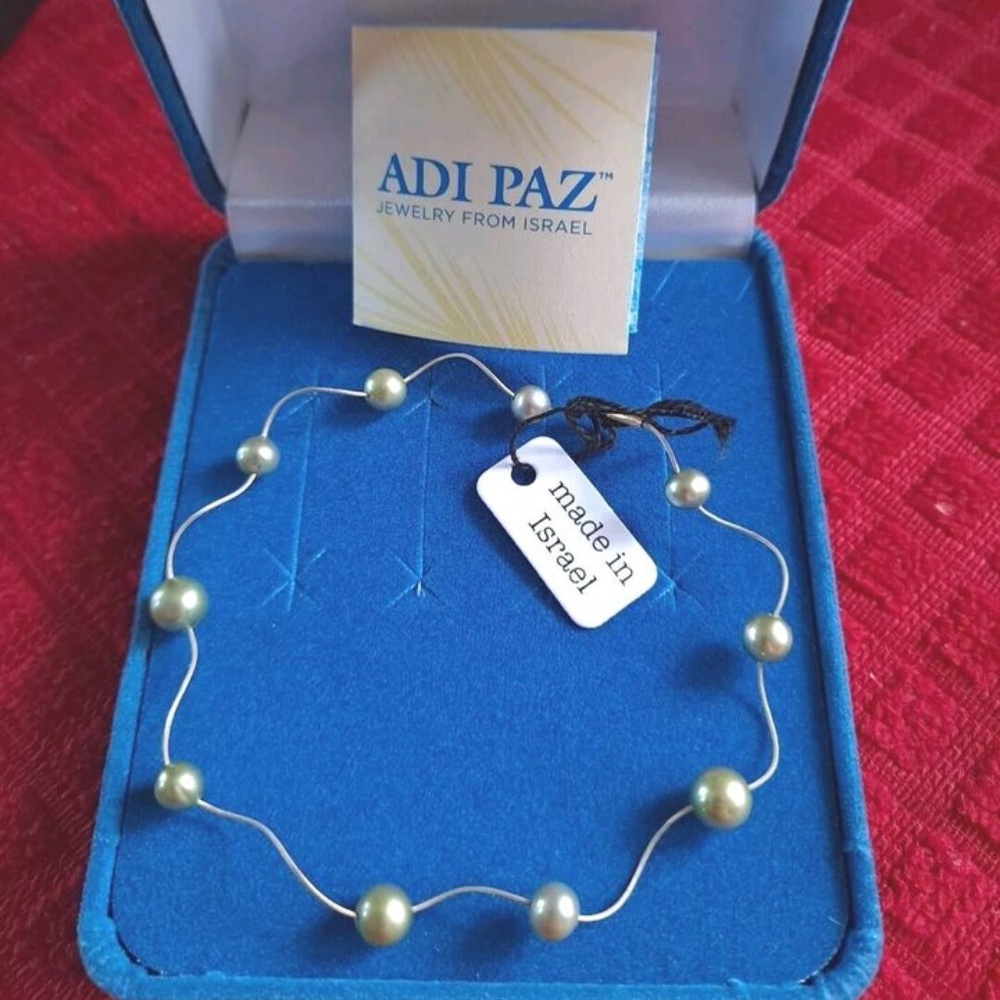 Beautiful Fine .585 14K YG & Pistachio Pearl ADI PAZ Wavy Wire Bracelet